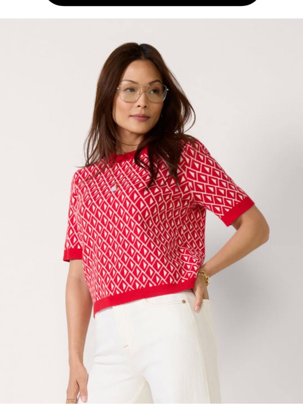 Evereve Red and White Geometric Short-Sleeve Crew Sweater